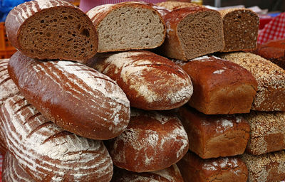 Close-up of bread loaf stack at store