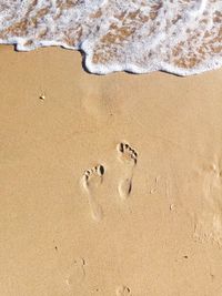 High angle view of footprints on sand at beach
