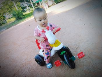 High angle view of cute boy riding toy car on road