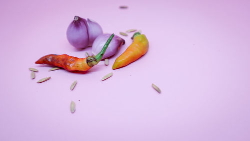 High angle view of chili peppers on table