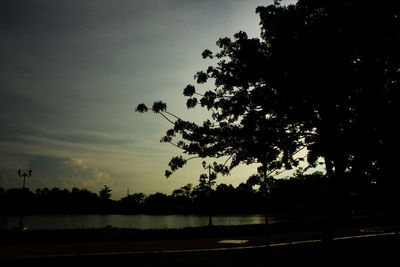 Silhouette trees by lake against sky at sunset