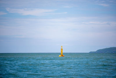 Rear view of woman standing on sea against sky