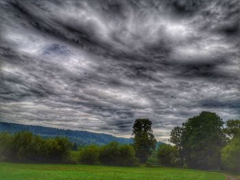 Trees on field against storm clouds