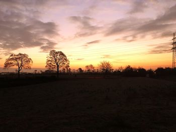 Silhouette trees on field against sky during sunset