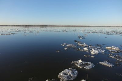 Scenic view of calm lake against clear sky