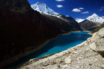 Scenic view of lake and mountains against sky 