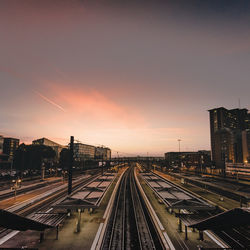 High angle view of railroad tracks at sunset