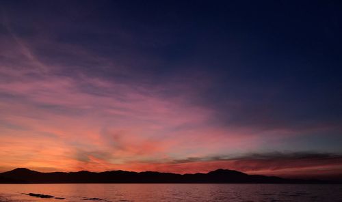 Scenic view of sea against romantic sky at sunset
