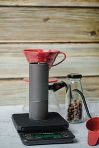 Close-up of coffee cup on table