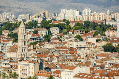 High angle view of buildings in city