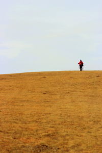 Man standing on sand dune in desert against sky