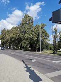 Street by trees against sky in city