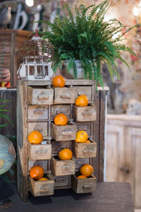 Small wooden chest of drawers with open drawers and orange fruits resting on top.