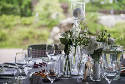 Wedding table setting and flora details,meal,place settings,centerpiece, floral arrangement