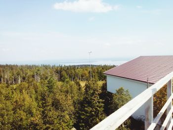 High angle view of trees growing on field against sky