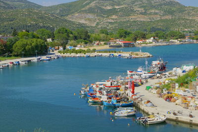 High angle view of harbor by sea