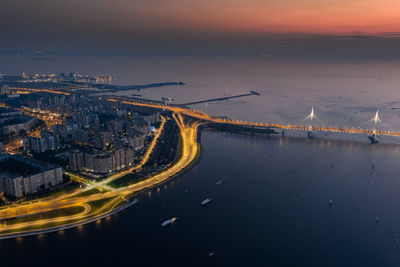 High angle view of city at sunset