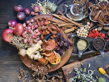 High angle view of vegetables on table