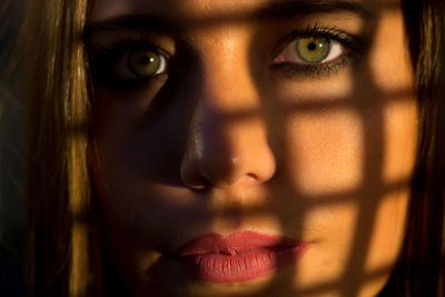 Close-up portrait of young woman with shadow