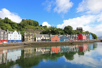 Reflection of buildings in river against sky