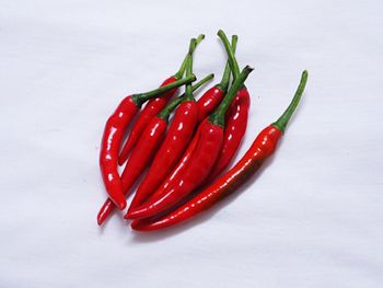 Close-up of red chili pepper against white background