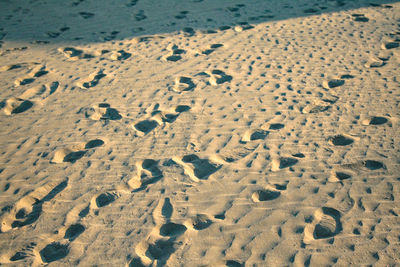 High angle view of footprints on sand at beach