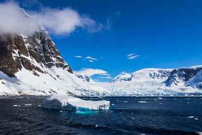 Scenic view of sea and snowcapped mountains against blue sky