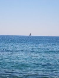 Sailboat sailing in sea against clear sky