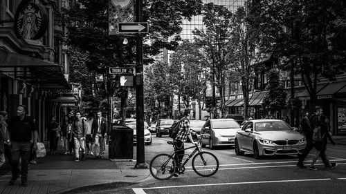 Bicycles parked on street in city