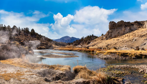 Panoramic view of lake and mountains against sky