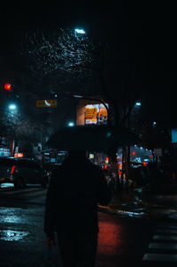 Rear view of silhouette man with umbrella on city street at night