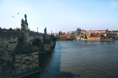 View of buildings by river against clear sky
