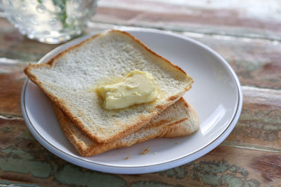 High angle view of breakfast served on table