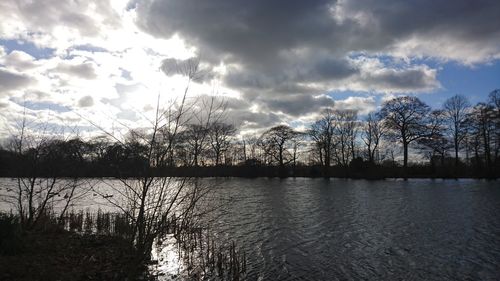 Scenic view of lake against cloudy sky