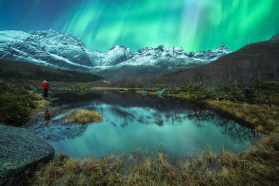 Unrecognizable traveler standing near pond in rocky snowy mountains and admiring view of green aurora borealis illuminating dark night sky in lofoten islands