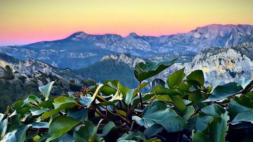 Scenic view of mountains against sky at sunset