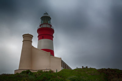 Low angle view of lighthouse by building against sky