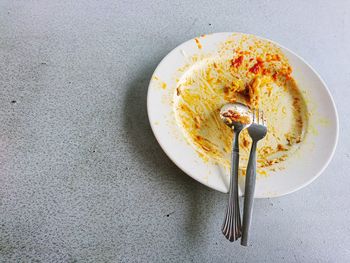 High angle view of food in plate on table