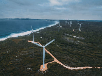 Wind turbines on land against sky