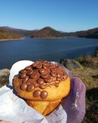 Close-up of chocolate cake in mountains against sky