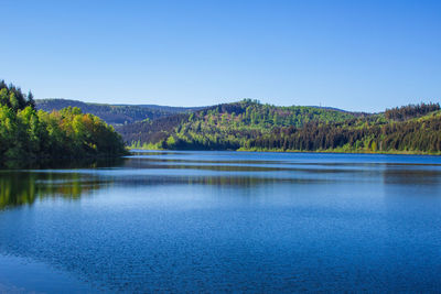 Scenic view of lake against clear blue sky