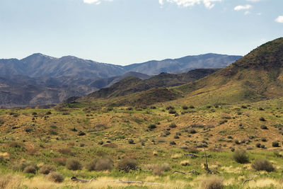 Scenic view of field and mountains against sky