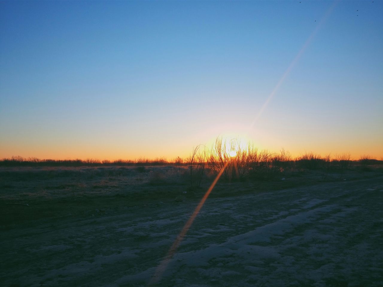 sunset, clear sky, tranquil scene, tranquility, landscape, copy space, scenics, beauty in nature, winter, snow, nature, field, orange color, cold temperature, sun, silhouette, road, tree, non-urban scene, sunlight