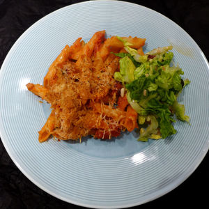 High angle view of leaves in plate on table