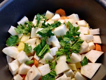 High angle view of chopped vegetables in plate