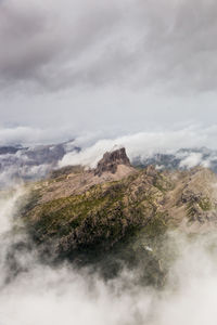 Scenic view of mountains in foggy weather