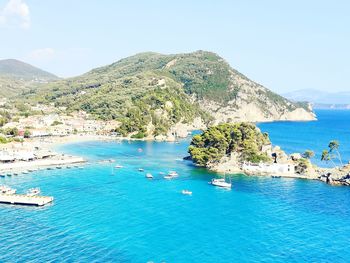 High angle view of sailboats in sea