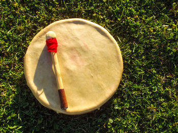 High angle view of traditional indigenous hand drum