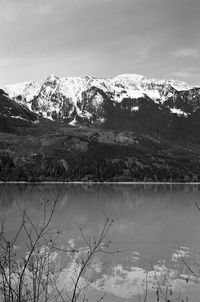 Scenic view of lake and mountains against sky