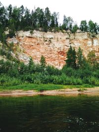 Scenic view of lake in forest against sky